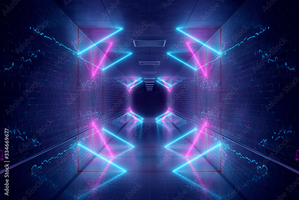 Glowing blue and pink neon light tubes in long dark underground tunnel reflecting on walls and floor