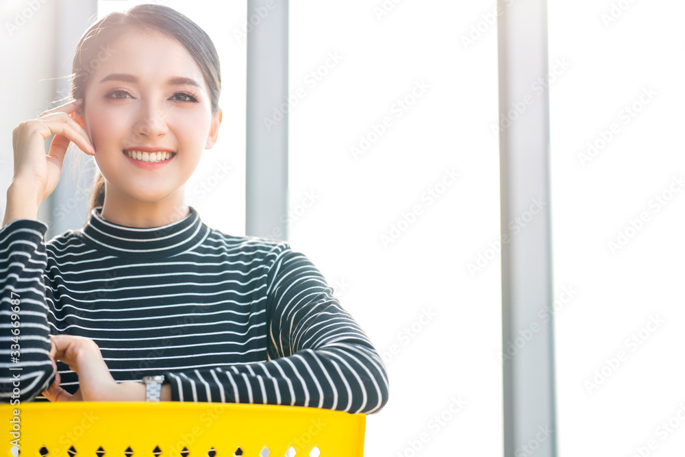 portrait of beautiful asian female businesswoman casual dress hand gesture white office background