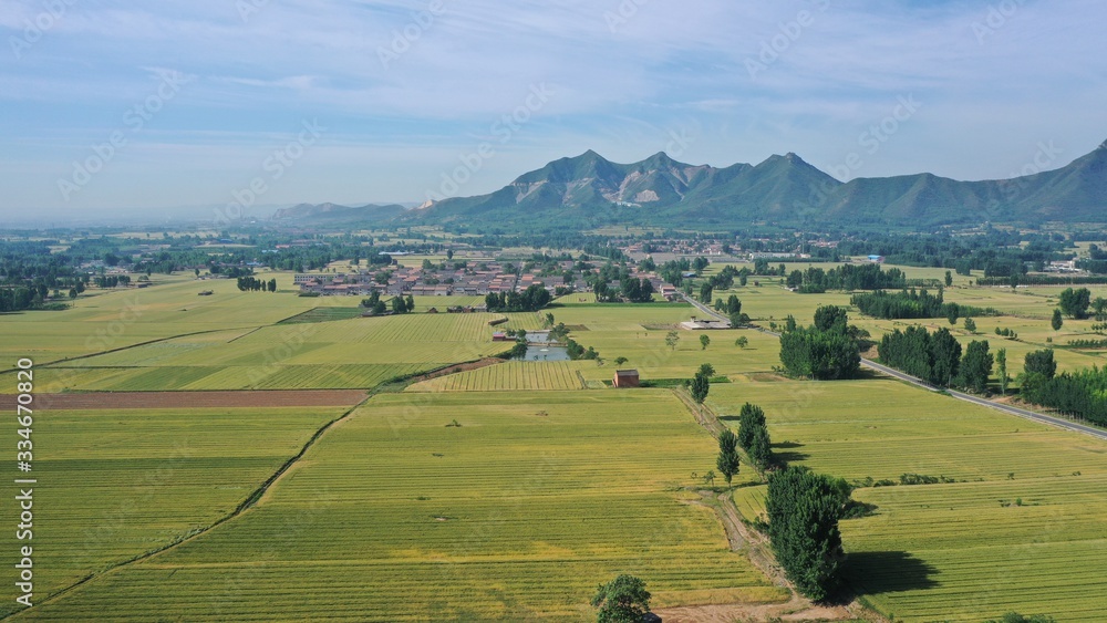 Aerial photography of idyllic scenery in rural China, houses near farmland