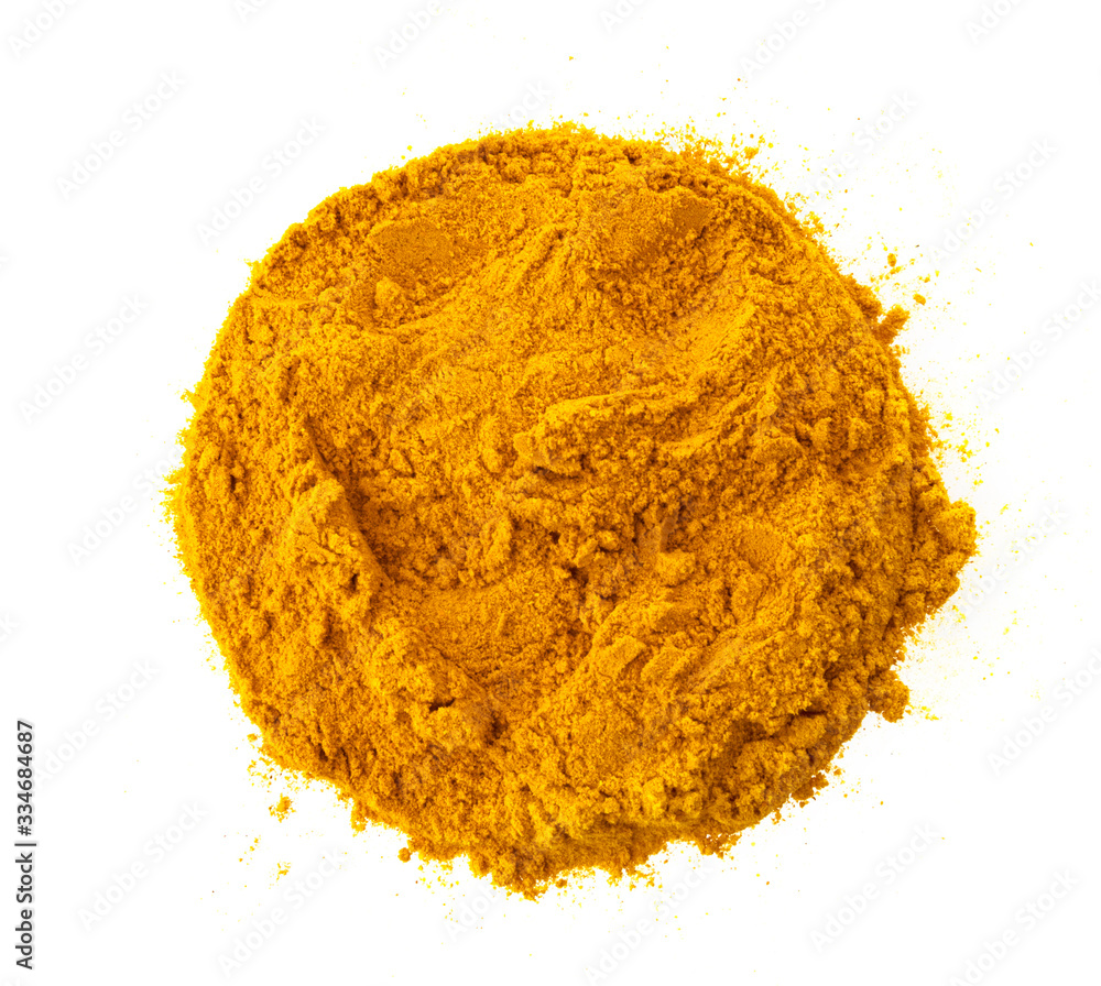 Turmeric powder, curcuma spice isolated on white background