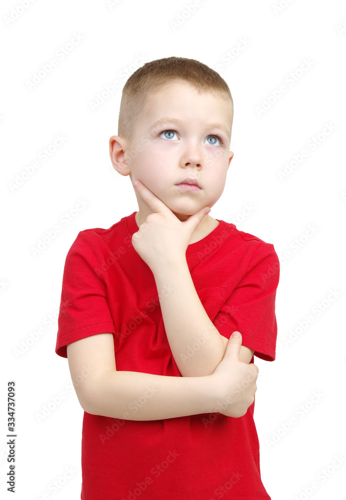 Thinking little boy isolated on white