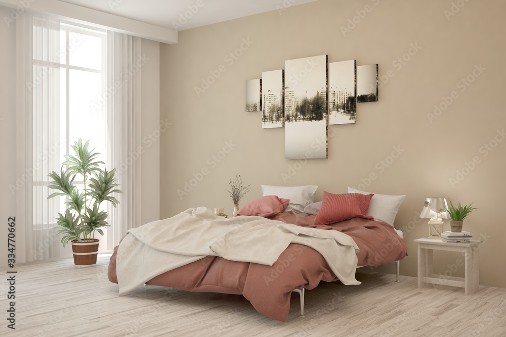 White bedroom interior. Scandinavian design. 3D illustration