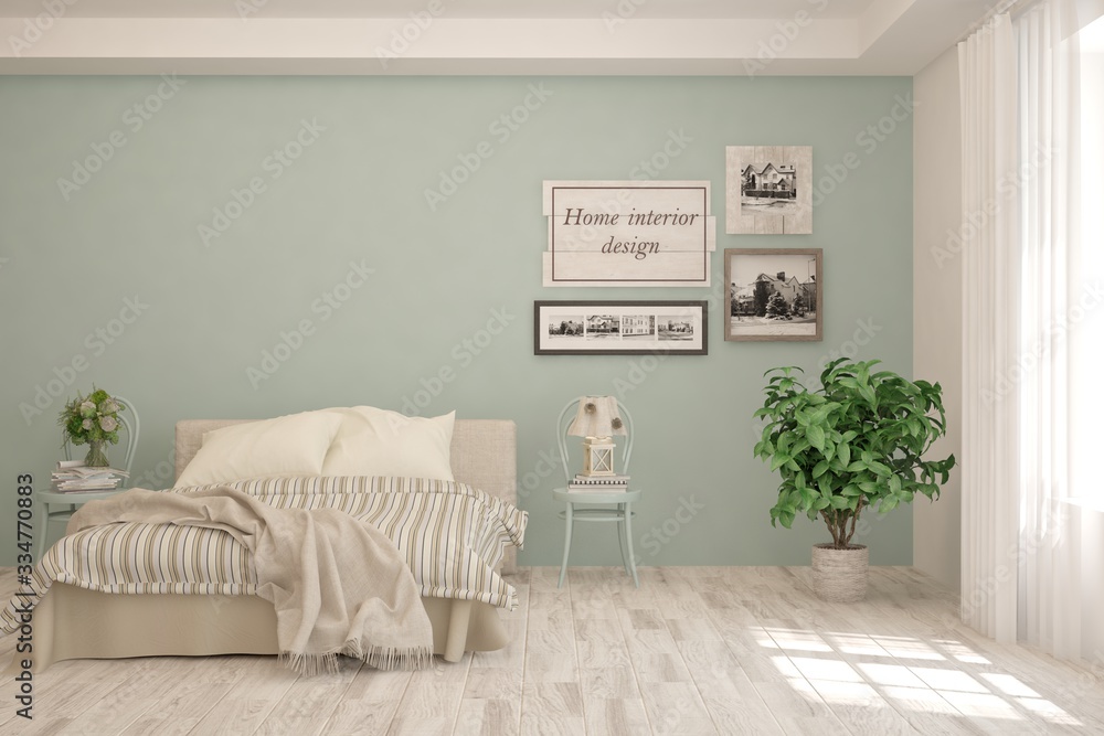 Green bedroom interior. Scandinavian design. 3D illustration