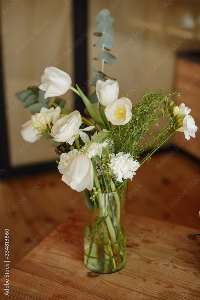 bouquet of flowers on wooden table