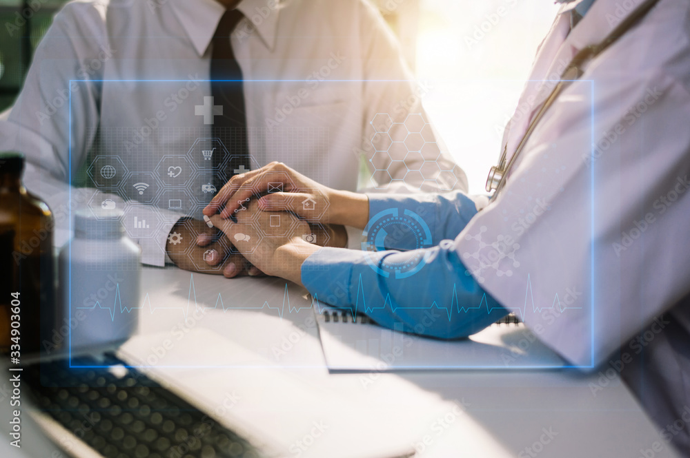 The doctor holds the patient’s. hand Healthcare and medical concept.