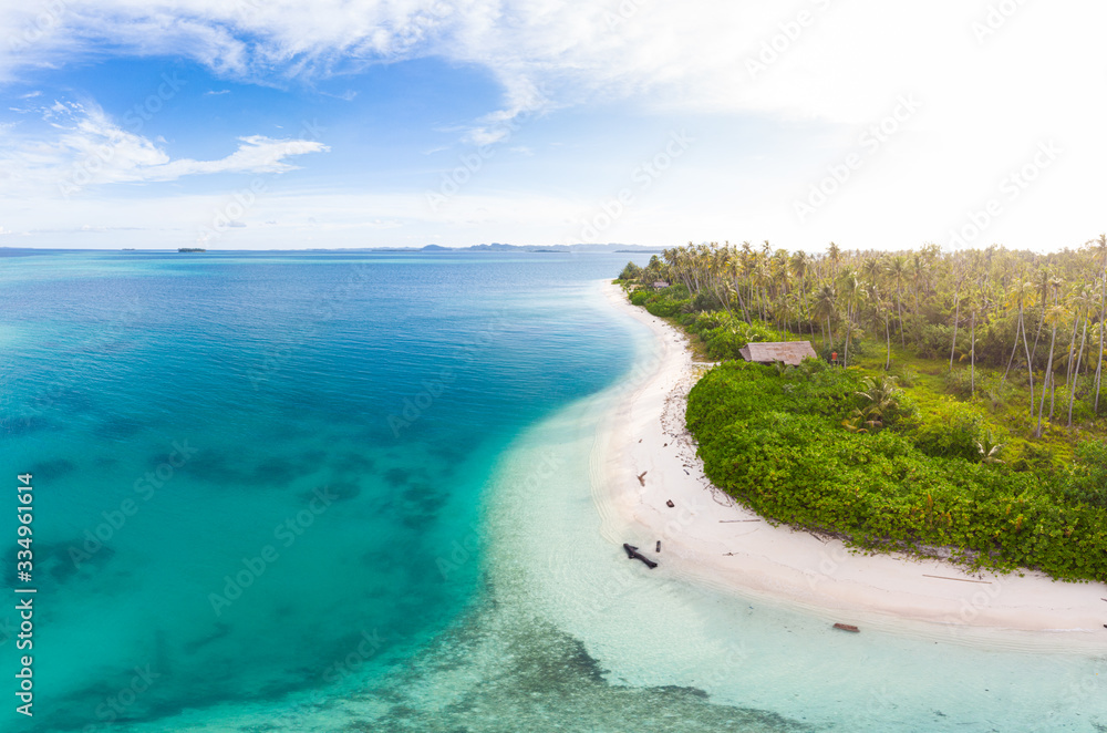 Aerial view Banyak Islands Sumatra tropical archipelago Indonesia, coral reef white sand beach. Top 