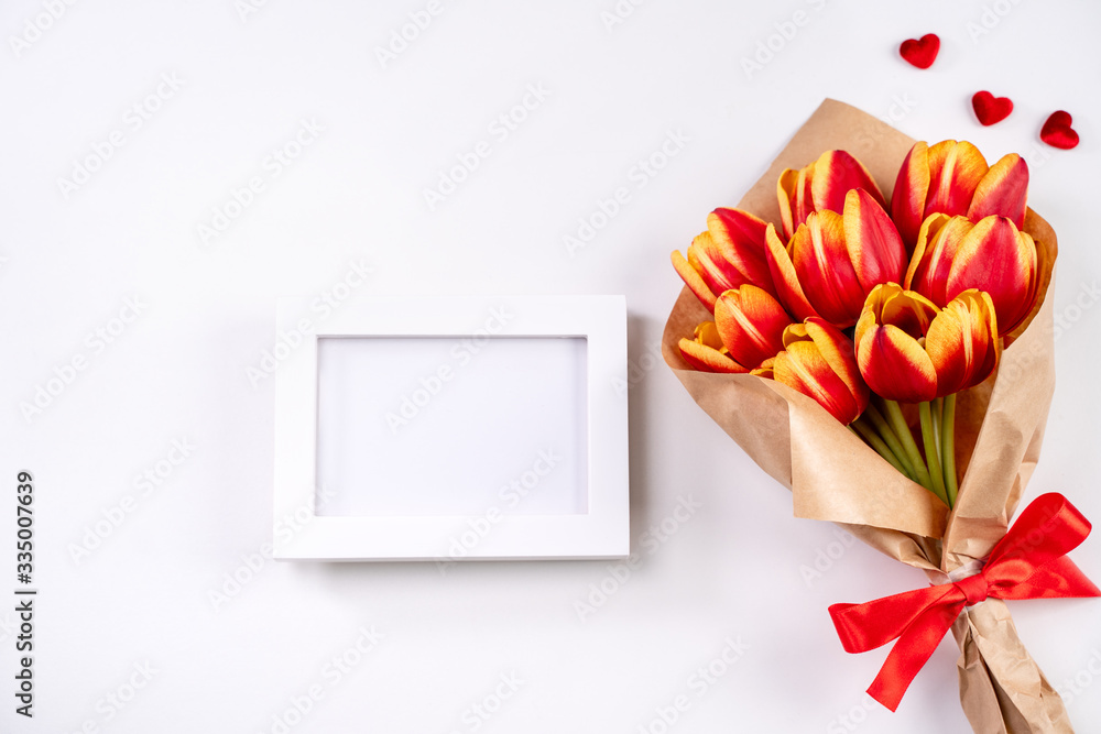 Mothers Day Design Concept, Tulip flower bunch, - Beautiful Red, yellow bouquet isolated on bright 