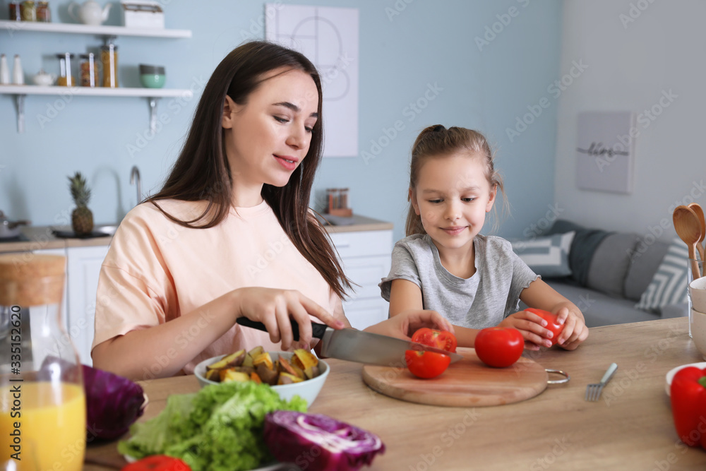 Mother with daughter cooking together in kitchen