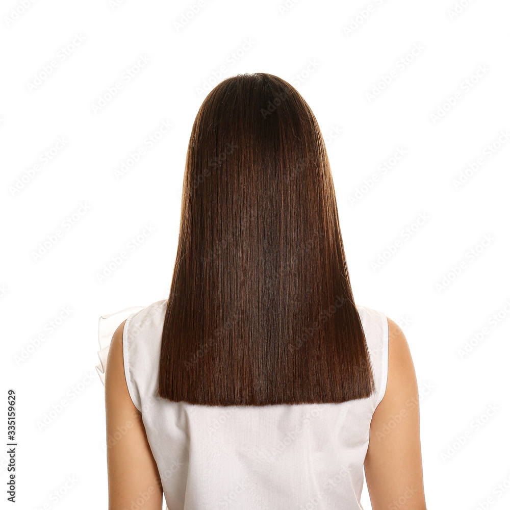 Young woman with beautiful straight hair on white background