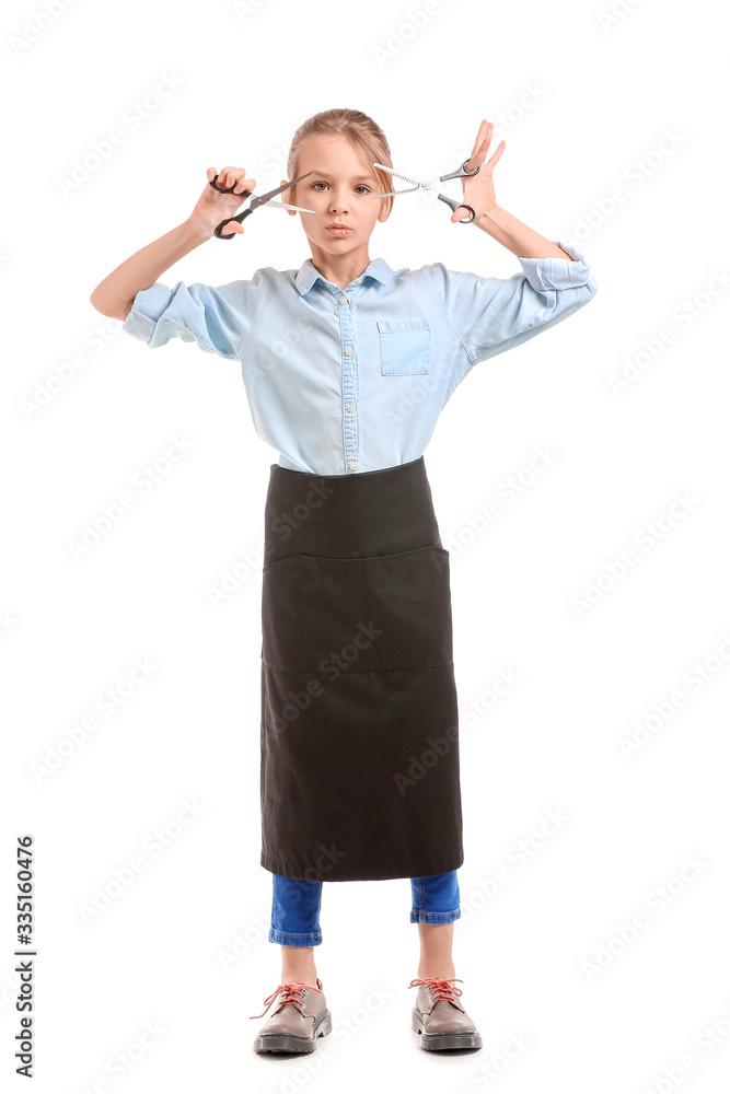 Cute little hairdresser on white background