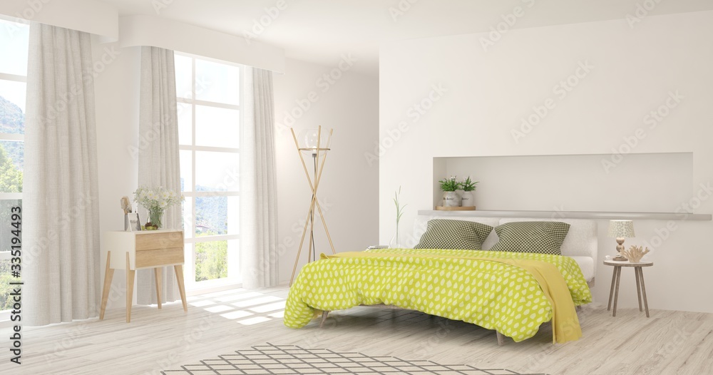 White bedroom interior. Scandinavian design. 3D illustration