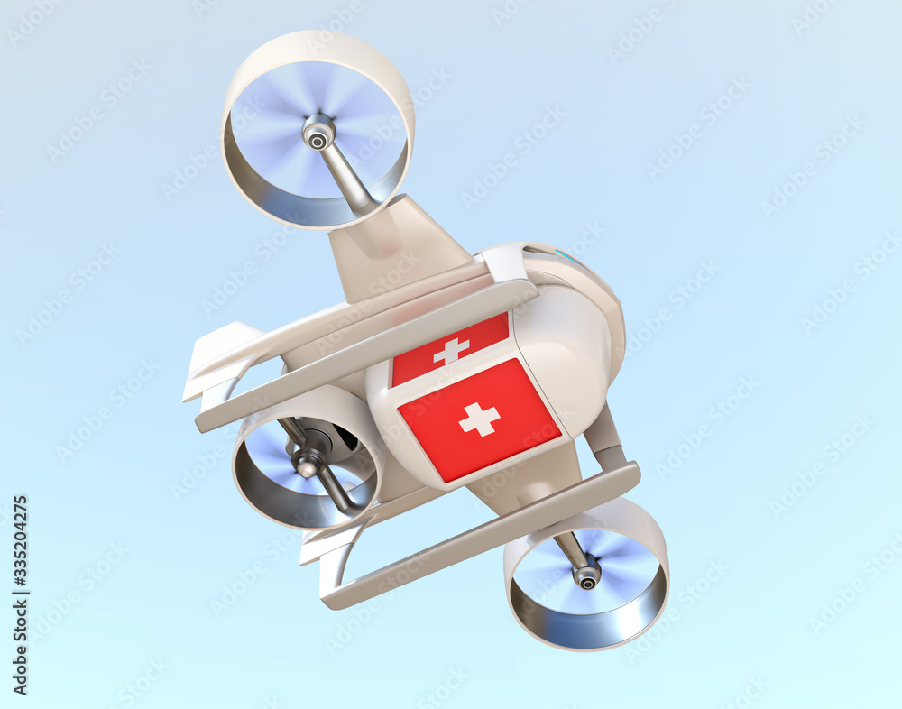 Electric VTOL delivery drone carry medical kit. Touchless security delivery concept. 3D rendering im