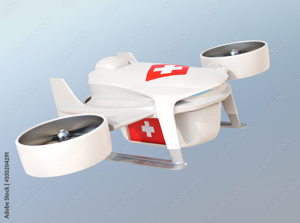 Electric VTOL delivery drone carry medical kit. Touchless security delivery concept. 3D rendering im