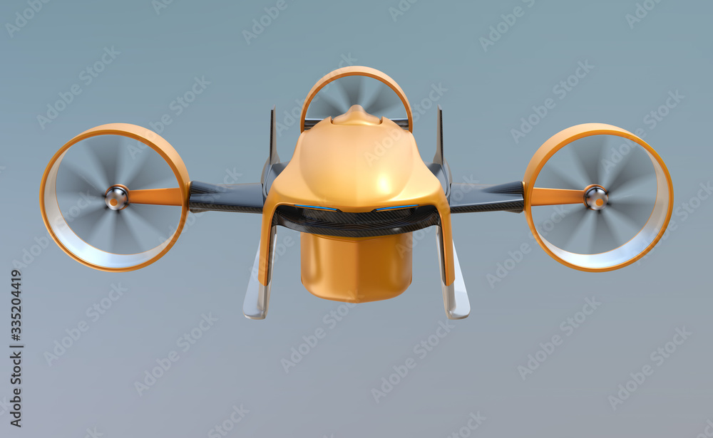 Front view of electric VTOL delivery drone flying in the sky. Touchless delivery concept. 3D renderi