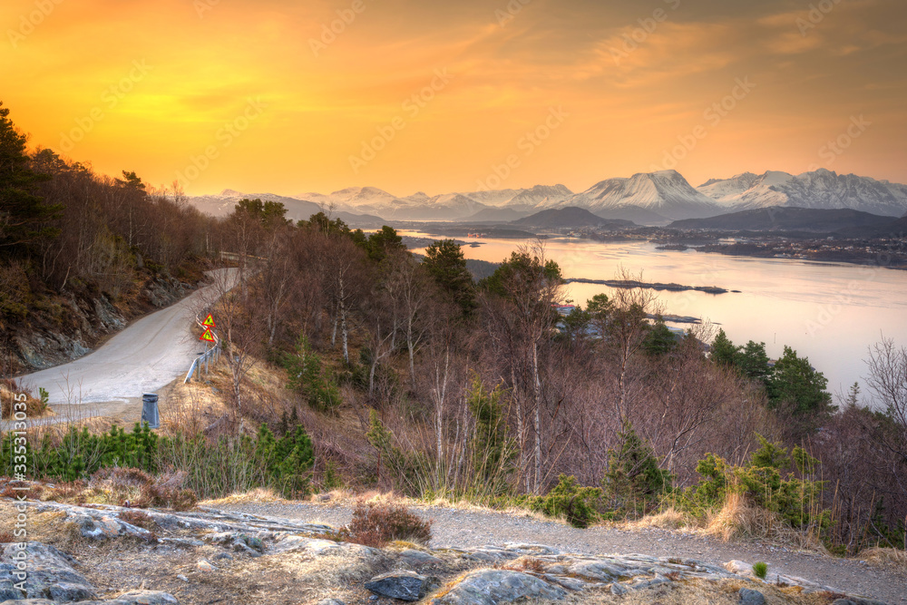 Beautiful sunrise over the Norwegian Sea near Alesund, Norway