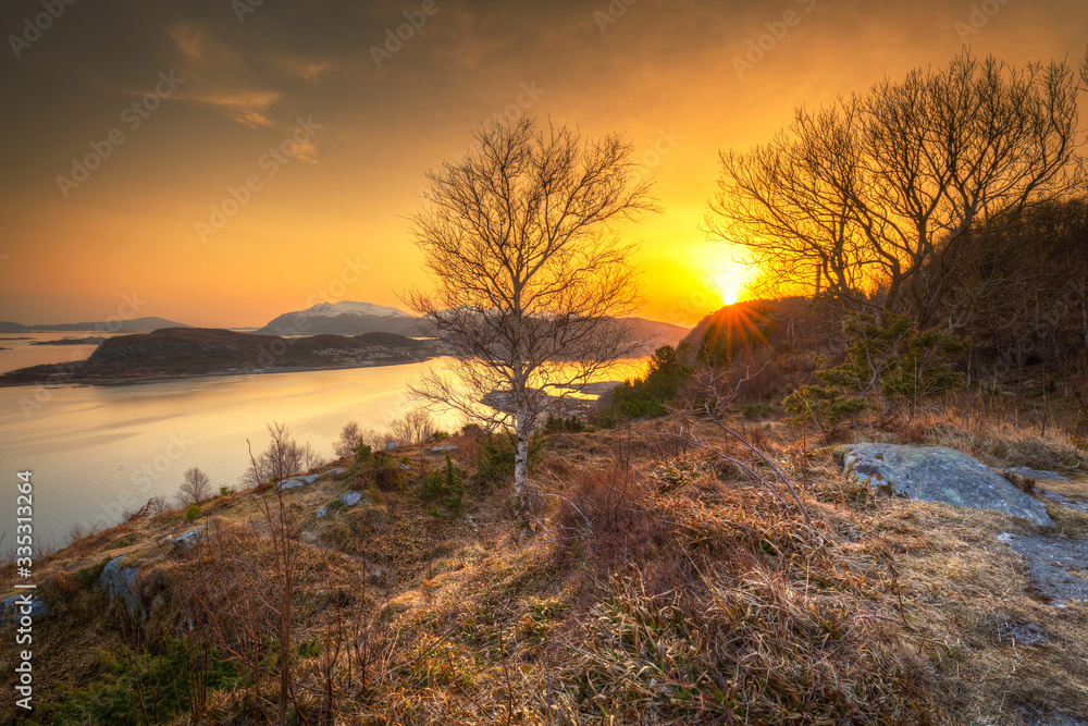 Beautiful sunrise over the Norwegian Sea near Alesund, Norway