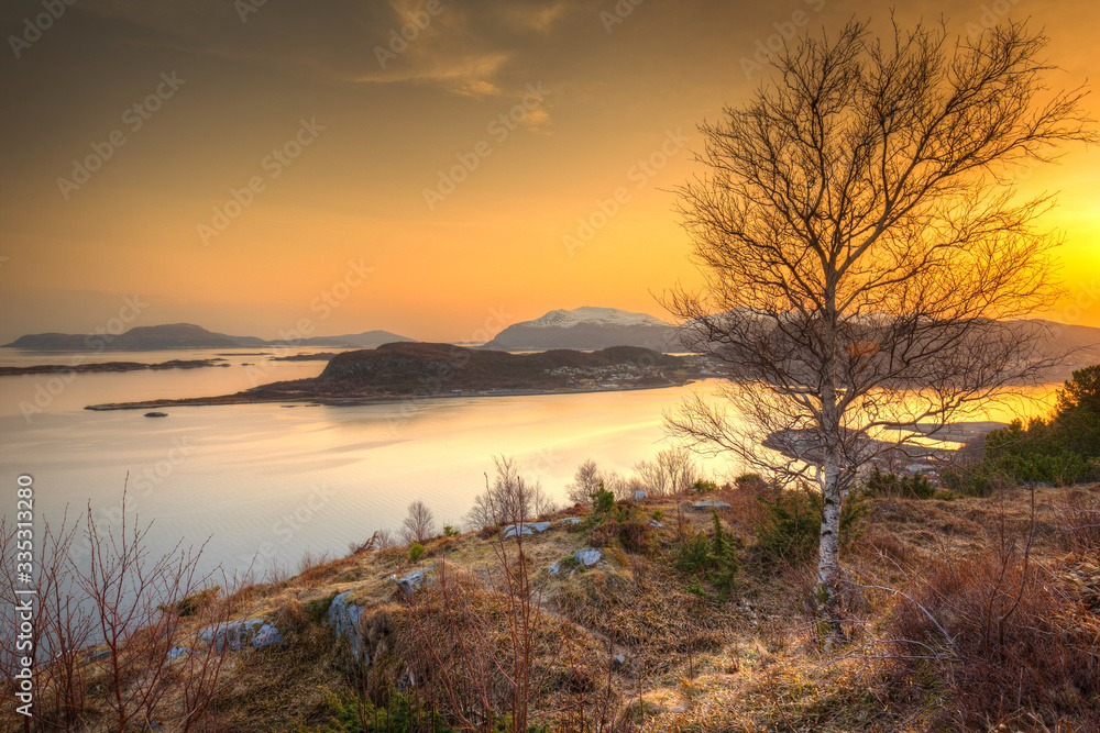 Beautiful sunrise over the Norwegian Sea near Alesund, Norway