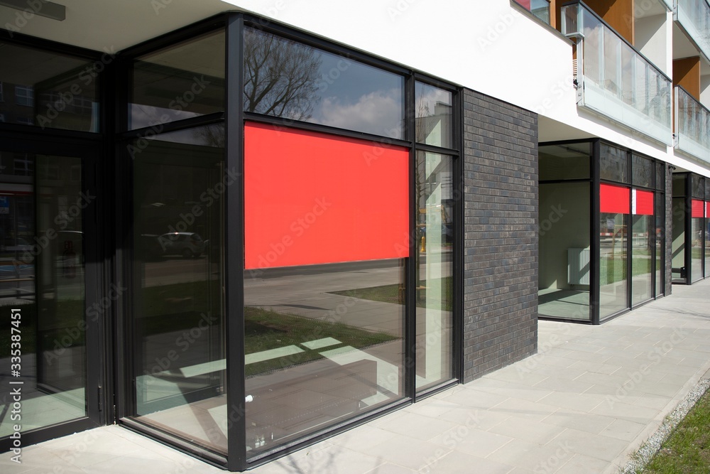 Panoramic windows of new commercial premises. Commercial property in development standard for rent.