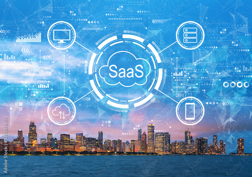 SaaS - software as a service concept with downtown Chicago cityscape skyline with Lake Michigan