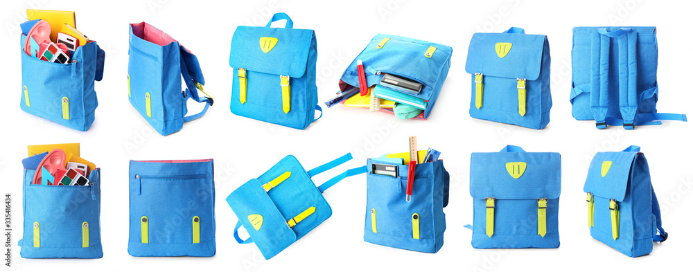 Many school backpacks on white background