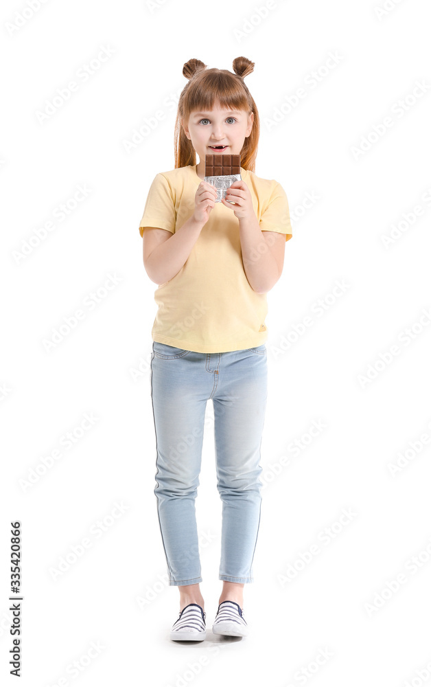 Cute little girl with chocolate on white background