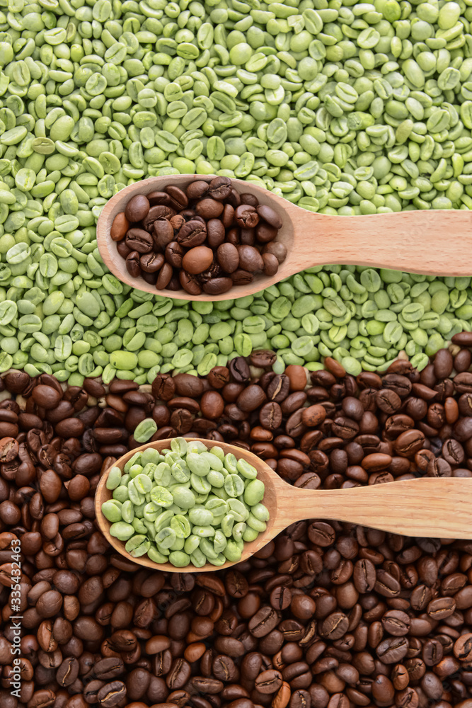 Spoons with roasted and green coffee beans