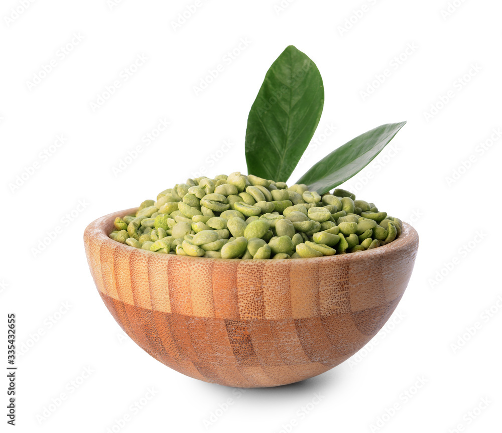 Bowl with green coffee beans on white background