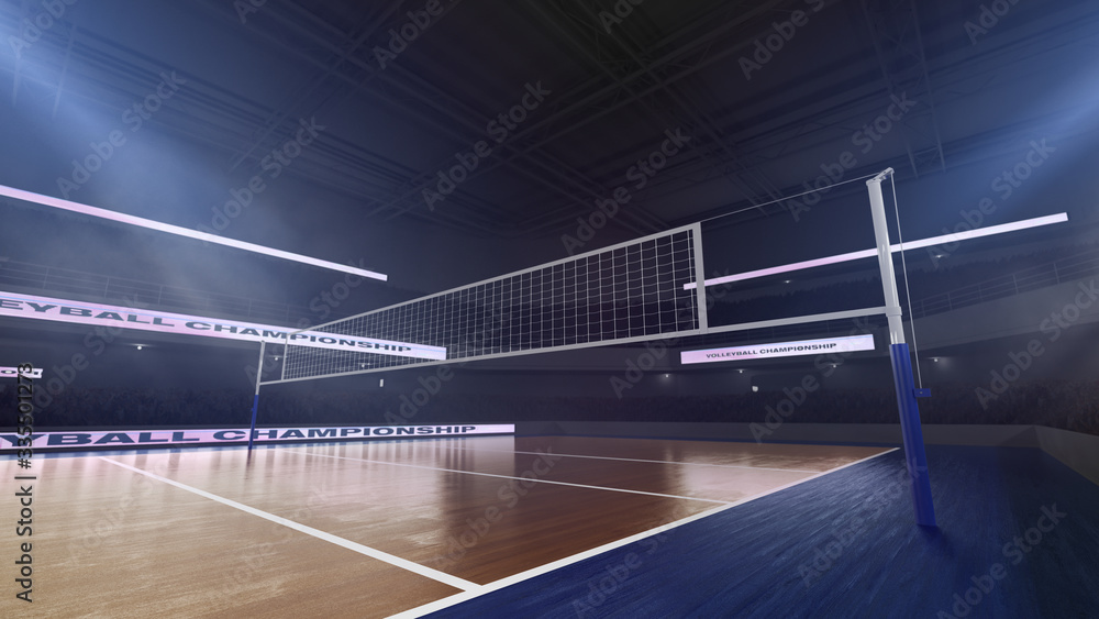 Volleyball stadium with people fan. Sport arena. Render 3D. Illustration.