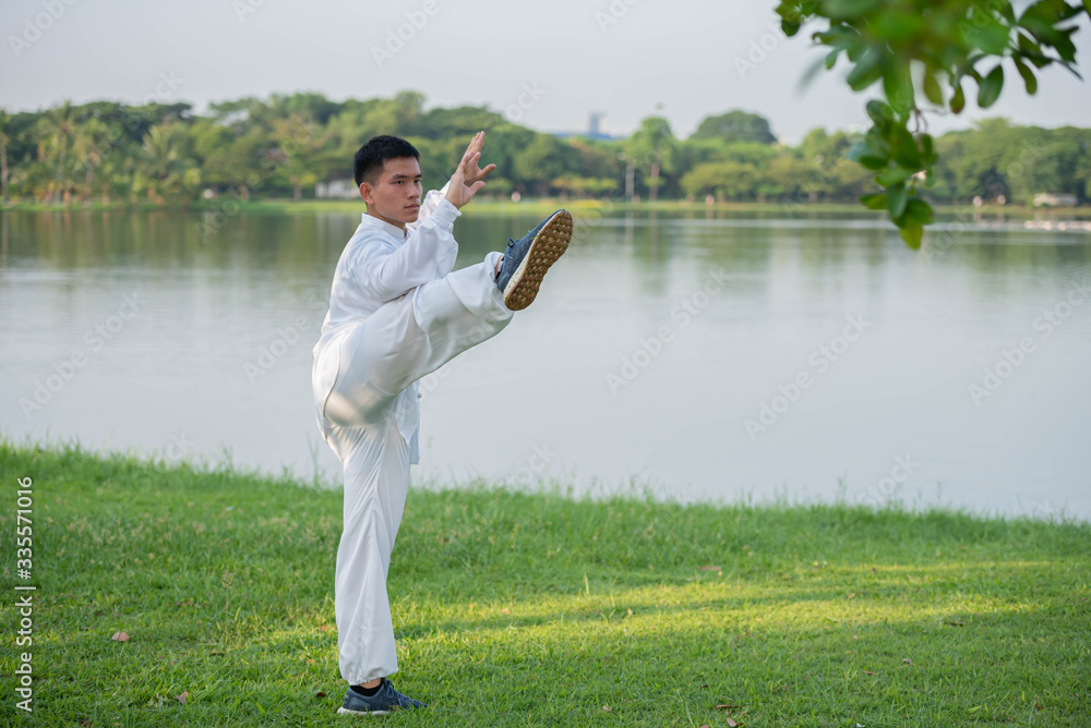 Young healthy sports man workout Tai Chi Chuan, Tai Ji and QI gong in the park for healthy, traditio