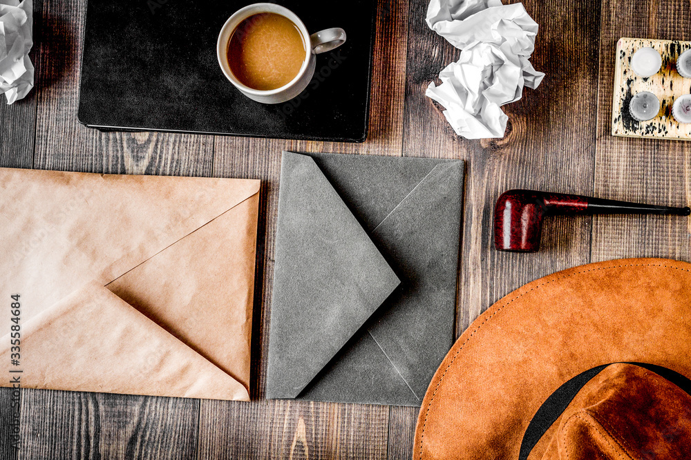 profession concept with writer tools on work desk background top view