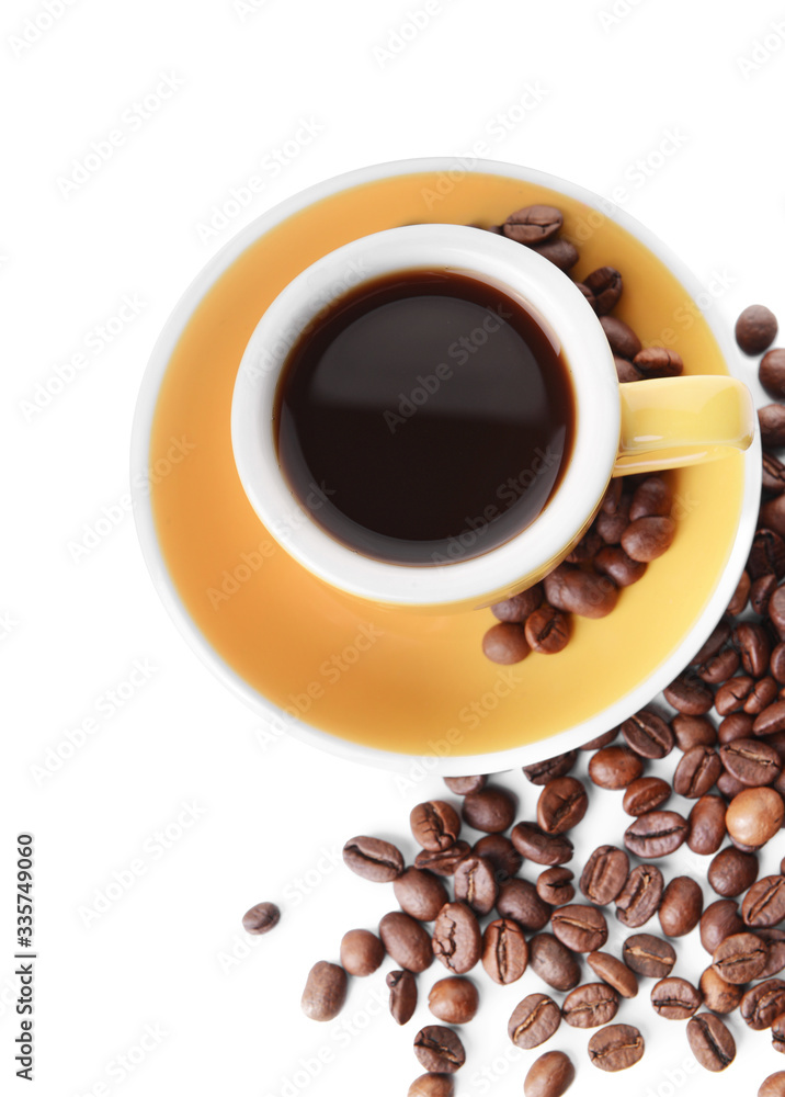 Cup of hot coffee and beans on white background