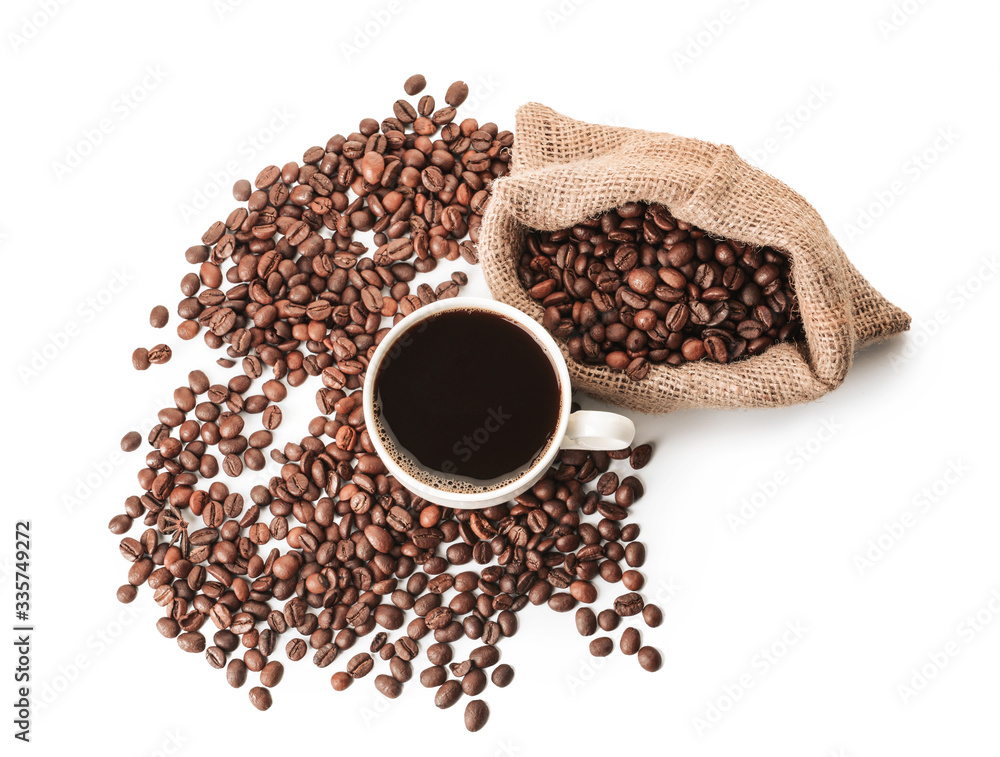 Cup of hot coffee and beans on white background