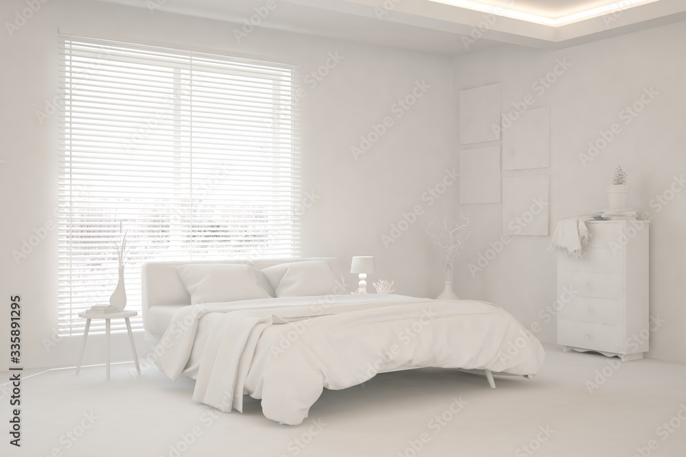 Modern bedroom in white color. Scandinavian interior design. 3D illustration