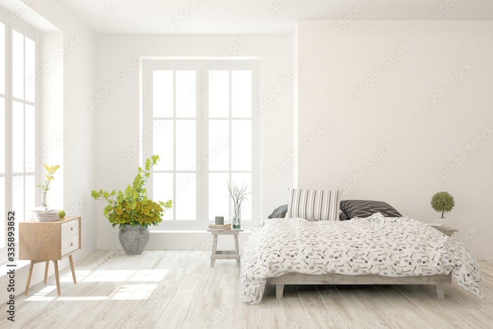 White bedroom interior. Scandinavian design. 3D illustration