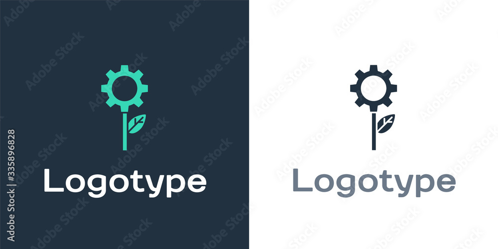 Logotype Leaf plant ecology in gear machine icon isolated on white background. Eco friendly technolo