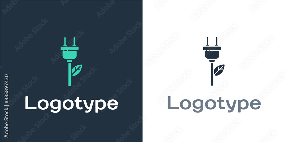 Logotype Electric saving plug in leaf icon isolated on white background. Save energy electricity. En