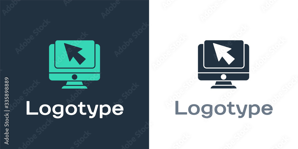 Logotype Computer monitor and cursor icon isolated on white background. Computer notebook with empty