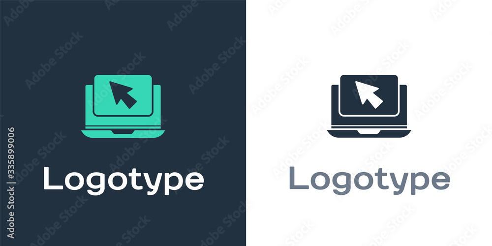 Logotype Laptop and cursor icon isolated on white background. Computer notebook with empty screen si