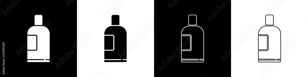 Set Bottle of shampoo icon isolated on black and white background. Vector Illustration