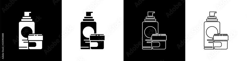 Set Cream or lotion cosmetic tube icon isolated on black and white background. Body care products fo