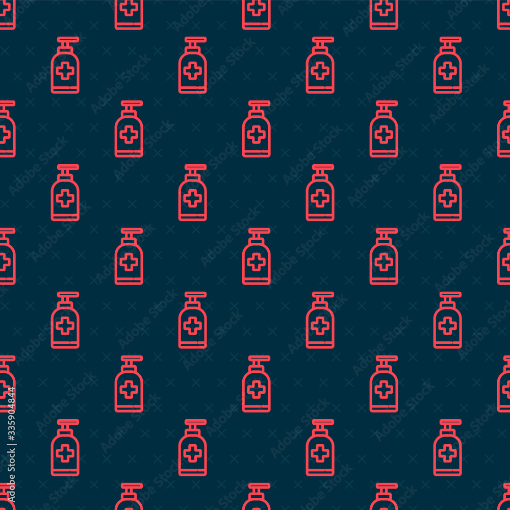 Red line Bottle of liquid antibacterial soap with dispenser icon isolated seamless pattern on black 