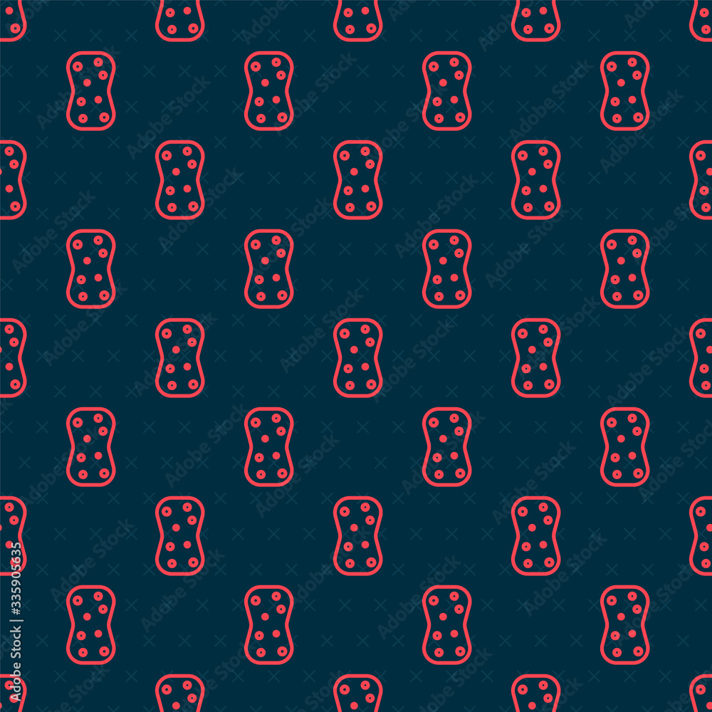 Red line Sponge with bubbles icon isolated seamless pattern on black background. Wisp of bast for wa