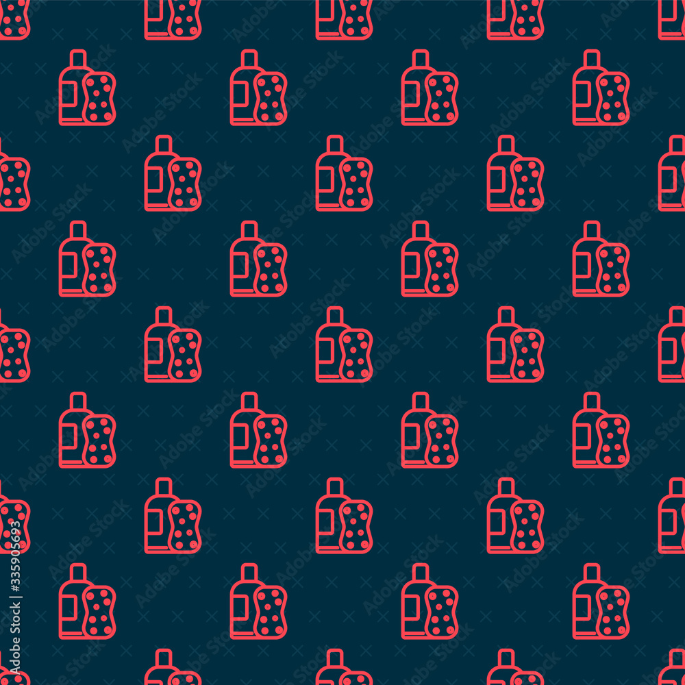 Red line Bottle of shampoo and sponge icon isolated seamless pattern on black background. Vector Ill