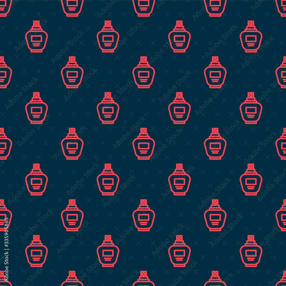 Red line Perfume icon isolated seamless pattern on black background. Vector Illustration