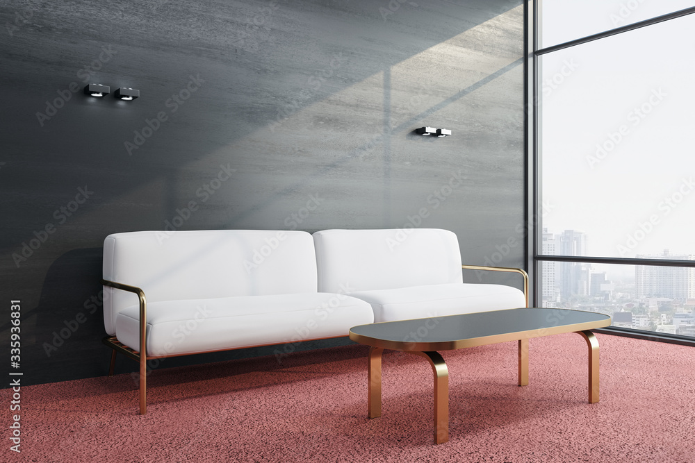 Modern waiting room with sofa, table and city view.