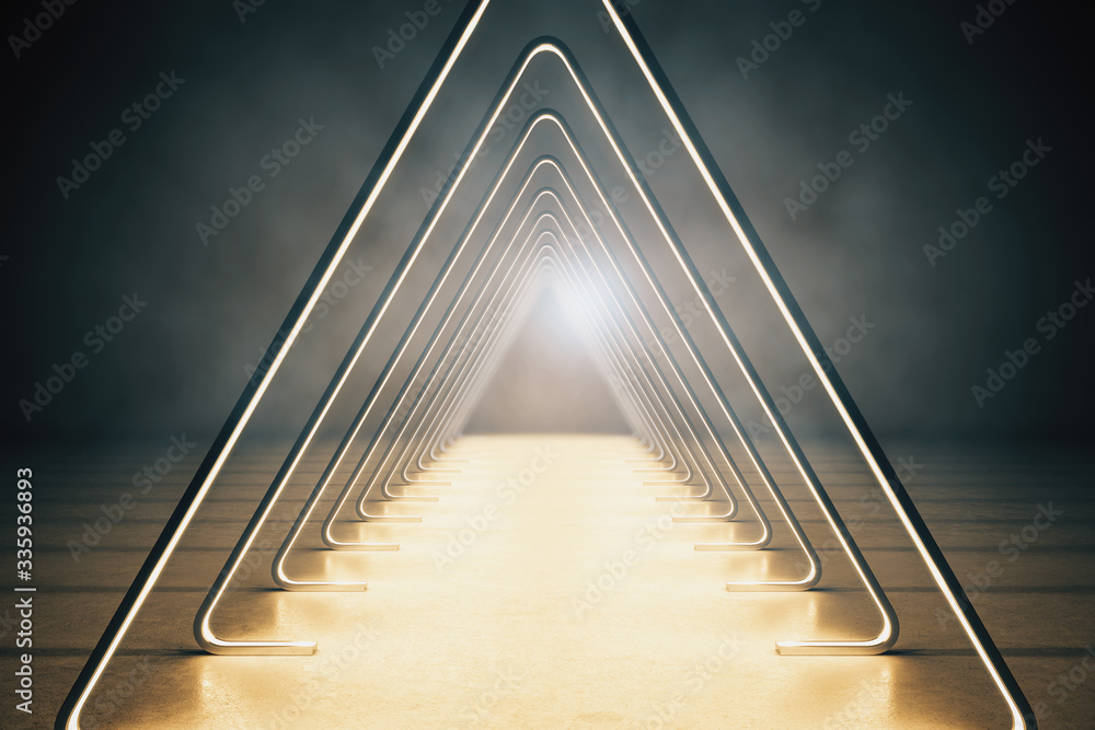 Modern futuristic interior with abstract luminous triangle corridor.