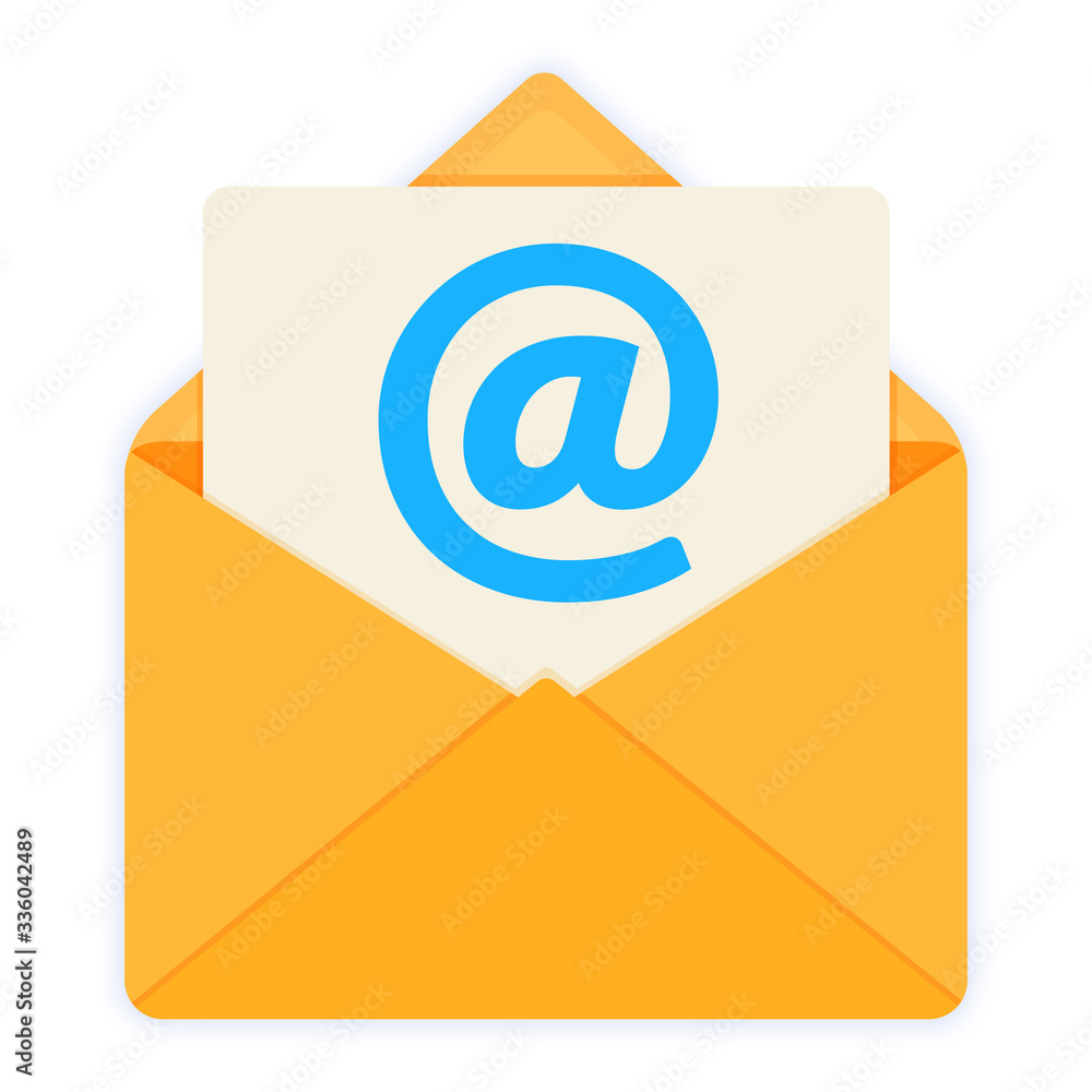 Yellow envelope with paper sheet. Concept of email. Flat style vector illustration icon isolated on 