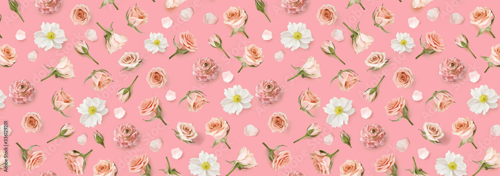 Floral seamless pattern made of pink flowers and rosebuds. Flat lay, top view. Valentines background