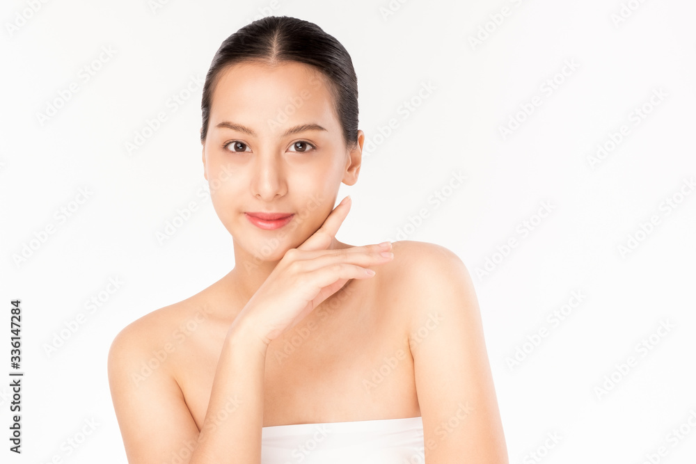 Young Asian beauty woman touching on beauty facial skin. Natural face care and skincare concept.