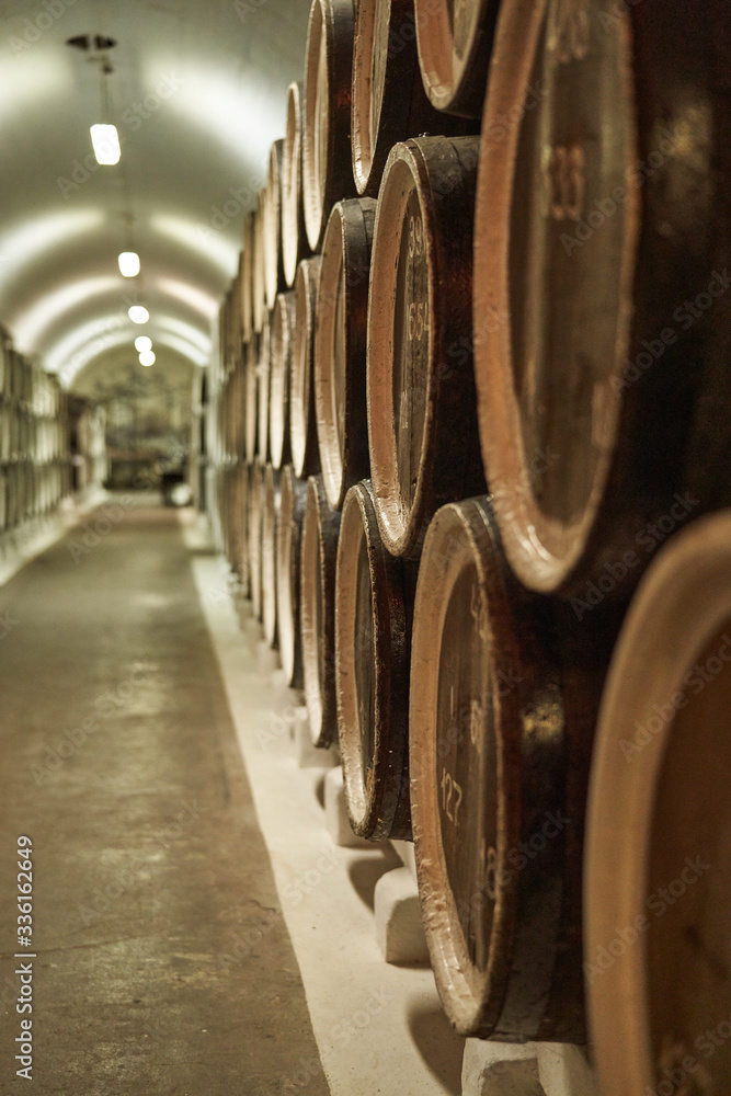 Background of wine barrels in wine-vaults. Mixed media. Interior of wine vault with wooden barrels.